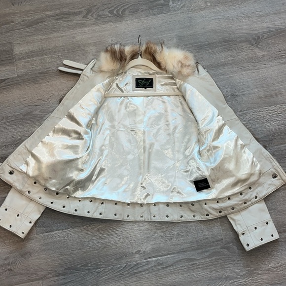 GORGEOUS Ivory genuine leather moto jacket coat fur trim studded sharif size L - Picture 6 of 17